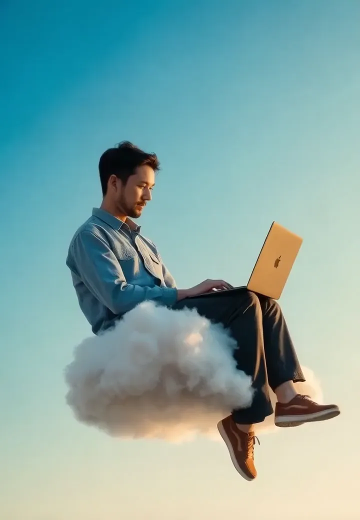 A person working on a laptop while seated on a cloud against a blue sky.