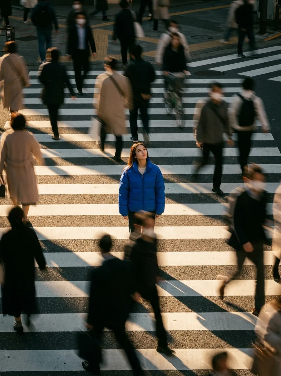A marketer standing calm and in focus while a rush-hour crowd blurs past around her
