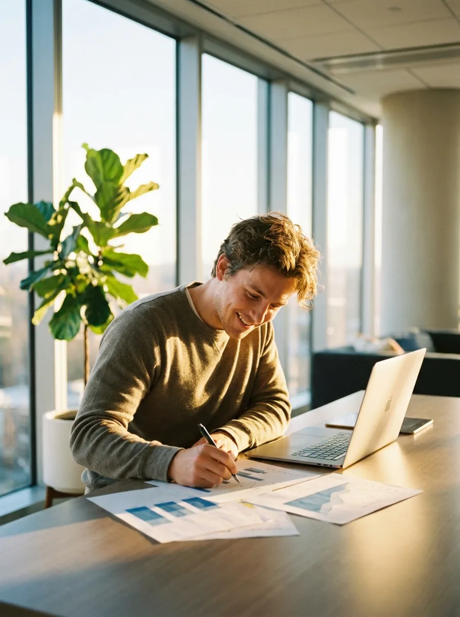 A marketer annotating charts at a sunlit desk