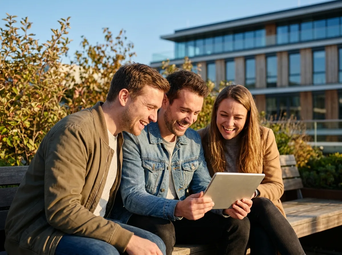 Three colleagues laughing over a tablet in the sun