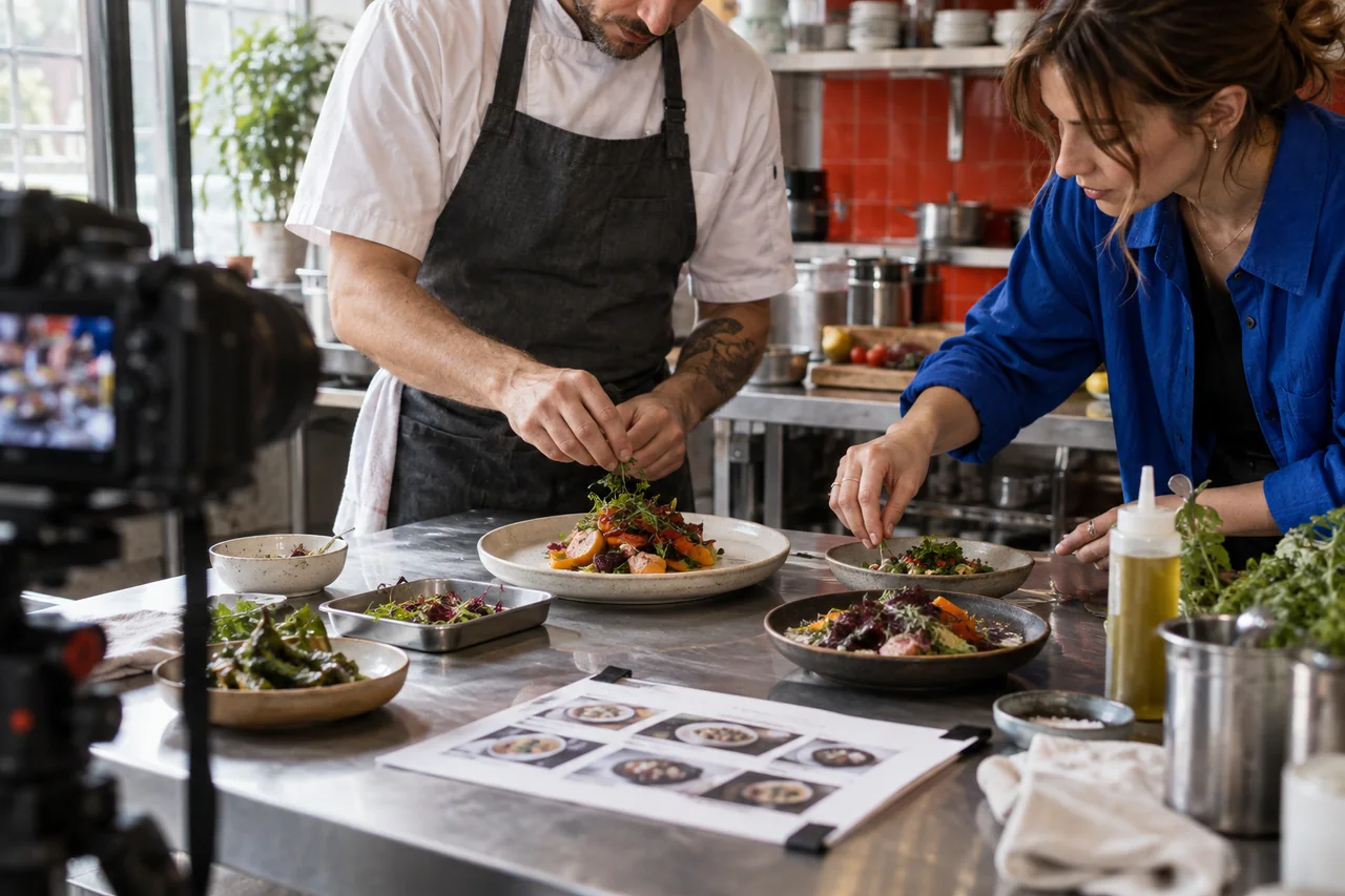 A chef and creative collaborator preparing colourful food for a campaign in a contemporary restaurant.