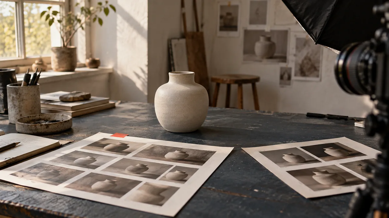 A ceramic object, contact sheets and lighting equipment on a creative production table.