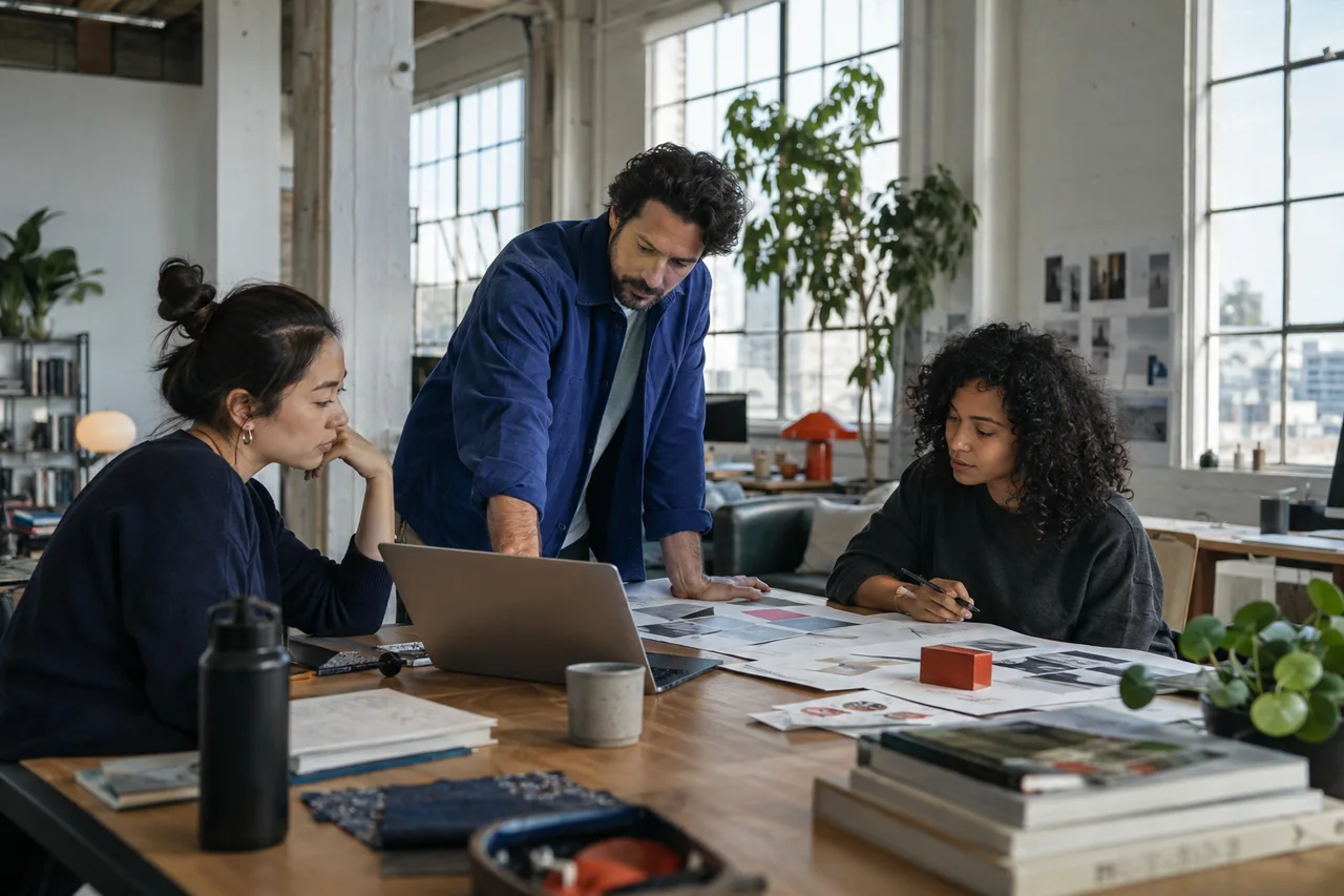 Product and marketing collaborators reviewing creative work in a light-filled contemporary technology office.