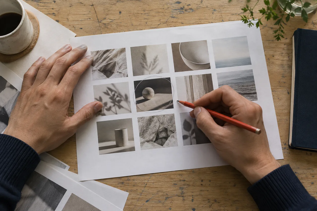 Hands making notes alongside a printed creative contact sheet.